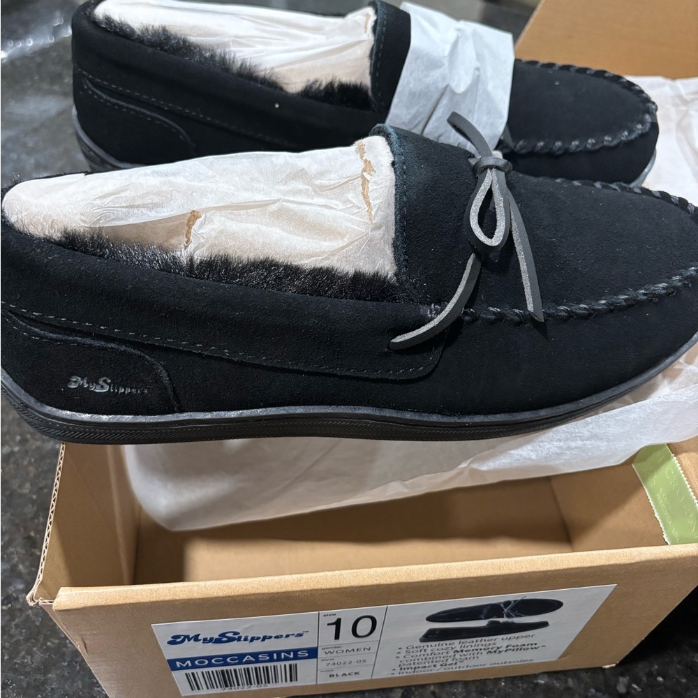 Women’s Black Moccasins by MySluppers size 10